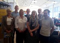 Some of the speakers at the 'AberTB' conference. From right to left: Professor Christine Middlemiss, UK Chief Veterinary Officer; Dr Andy Robinson; Sarah Tomlinson TB Advisory Service in England; Dr Richard Irvine, Chief Veterinary Officer for Wales; Dr Gwen Rees, President of the British Veterinary Association Wales Branch; Professor Glyn Hewinson CBE from Aberystwyth University and Professor Gareth Enticott.