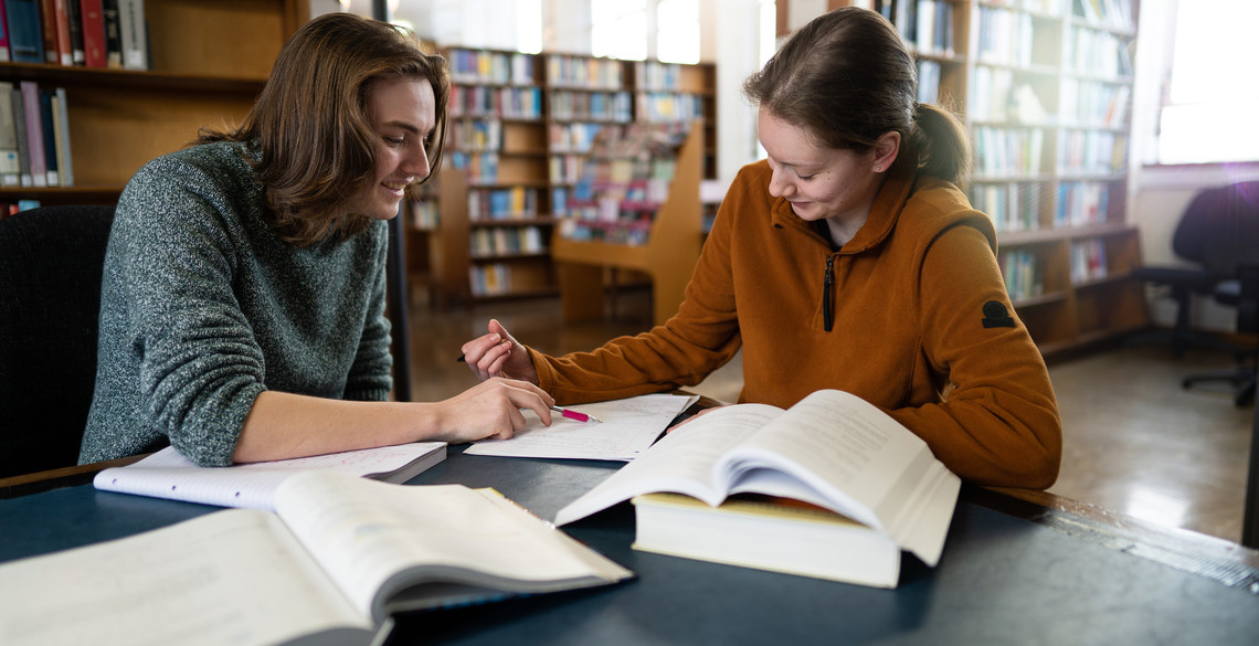 Two students studying in the library