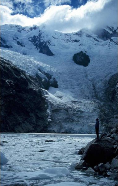 The failure of moraine-dammed lakes such as this (Ahueycocha, Cordillera Blanca) have caused huge loss of life in the past century. Identification of the hazardous lake and their remediation is therefore of paramount importance. Photo: M. J. Hambrey.