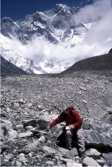 Measuring surface roughness on Lhotse Glacier for calibration with remote sensing data. Photo: Shaun Richardson