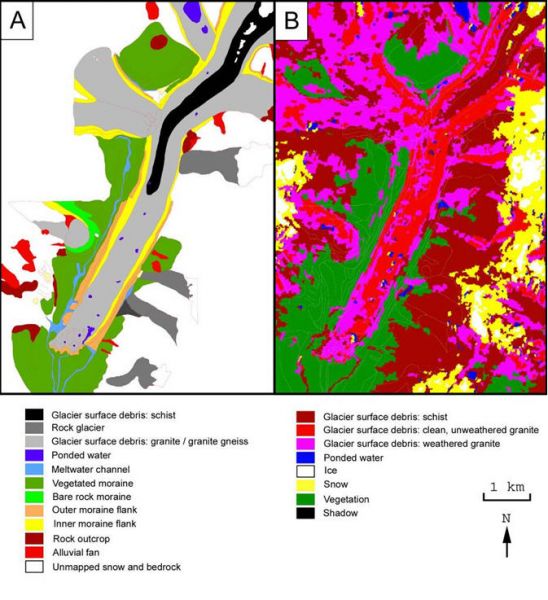 Khumbu Glacier, Nepal, showing a comparison between (A) a gemorphological map based on field mapping and SPOT satellite imagery, and (B) a spectral analysis of ASTER imagery supported by field observations. This represents the first step in providing data to underpin an assessment of glacial hazards. Satellite image proocessing: D. Quincey.