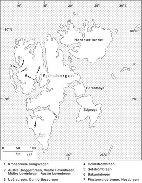Svalbard archipelago with the locations of the glaciers studied.