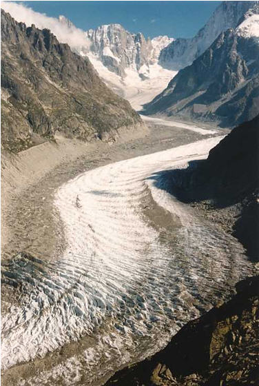 Mer de Glace, France. The abandoned lateral moraine crest along the far margin clearly indicates the extent to which this typical Alpine glacier thinned through the 20th Century. Photo: B. Hubbard.