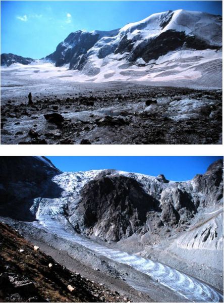 Structural investigations were undertaken on these two glaciers near the village of Arolla, Switzerland. Upper picture shows the higher part of Haut Glacier d'Arolla, the lower Bas Glacier d'Arolla with its fine set of ogives. Photo: M. J. Hambrey.