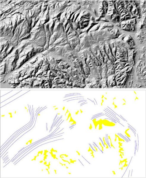 Reconstructed ice-flow lines (blue lines) and areas covered by cold-based ice (yellow) during late Devensian in Brecon Beacon. The reconstruction is based on glacially streamlined features mapped from a Landsat 7 ETM+ satellite image and a Digital Elevation Model.