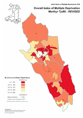 Map showing the Overall Index of Multiple Deprivation in Merthyr Tydfil