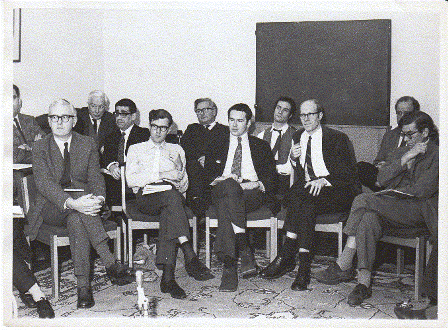 50th anniversary of the formation of the Department of International Politics, Gregynog, 1969. Features: Sir Ben Bowen Thomas (President, back row, second from left); R. Ovendale (front row, second from left); Keith Hamilton (front row, third from left).