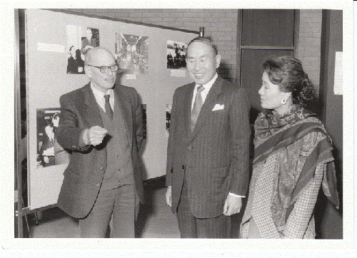 Visit of Mr Jay Hee Oh, Ambassador of the Republic of Korea (centre), and Mrs Jay Hee Oh (right), 27 April 1989. Also features W. Dieneman (Librarian, left). 