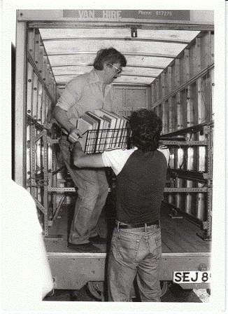 Removal of books from the Old College Stores to the Llandinam Store, Summer 1984. Features Jim Roebuck.