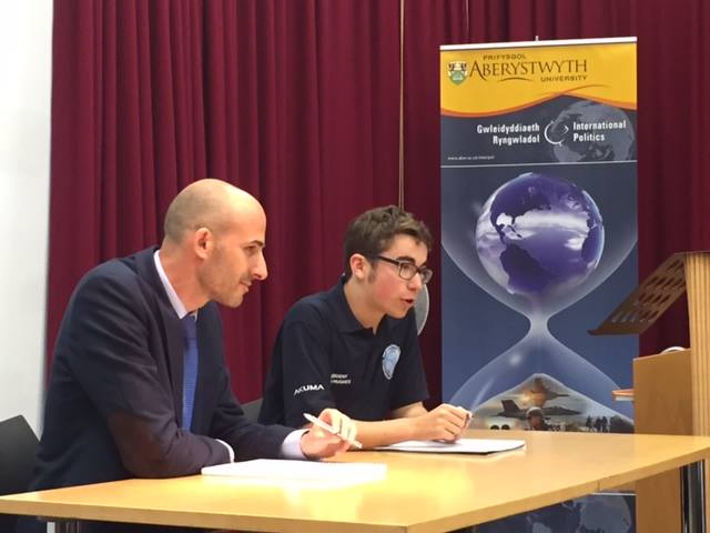 Photo: Yiftah Curiel from London's Israeli Embassy, with Owain Glyn Hughes, President of Aberystwyth International Politics Society.