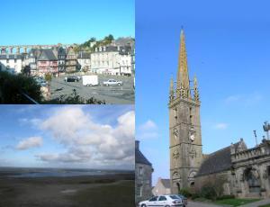 3 pictures of brittany. One of a church, of of the town, one of the beach.