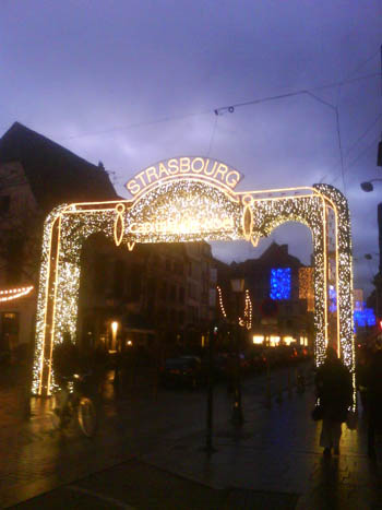 Strasbourg street at night time with decoration over the road in the form of lights
