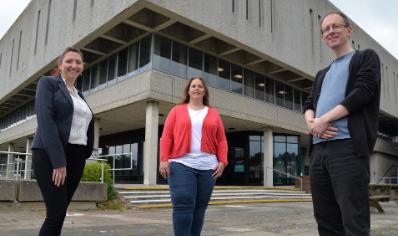 Members of the Anglo-Norman Dictionary Project Team. Left to right: Dr Delphine Demelas (Post-Doctoral Research Associate), Dr Heather Pagan (Co-Investigator and Editor) and Dr Geert De Wilde (Principal Investigator, Editor and Project leader). Not pictured: Brian Aitken (University of Glasgow, System Developer)