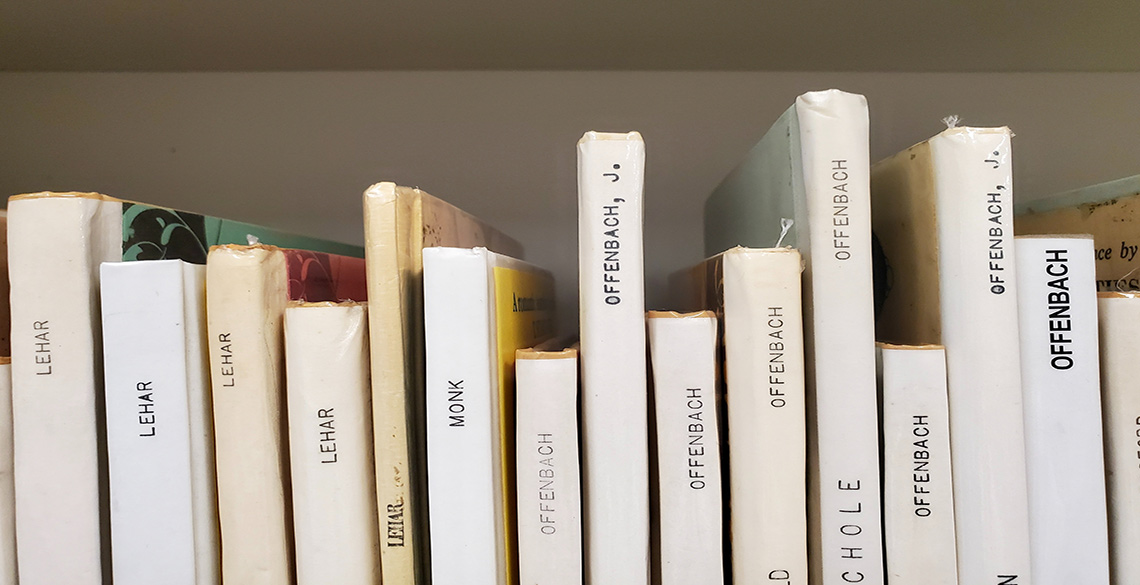 Music scores on Library shelf