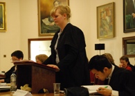 The Aberystwyth team, Laura-Pauline Adcock and Eric Lee, during the final of the Welsh National Mooting Competition.