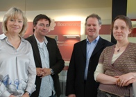 L to R Angharad Garlick and Dafydd Felix Roberts of Boomerang+, Idris Price of Knowledge Transfer Partnerships and Dr Merris Griffiths of Aberystwyth University's Department of Theatre, Film and Television Studies.