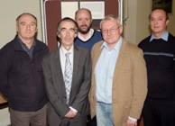 Celebrating the Queen's Anniversary Prize are (L to R Back) Dr Athole Marshall, Dr Michael Abberton and Dr Tony Fentem with the Vice Chancellor and Professor Wayne Powell (L to R front).