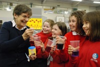 Pupils from Ysgol Gymraeg Aberystwyth learn about the chemistry of red cabbage.