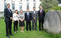 L to R: Professor Steve McGuire from the Aberystwyth School of Management and Busness, Yuhuan Zhao, Xia Yu, Jinfu Zhu and Xueping Ji from the Beijing Institute of Technology and Ian Thomas, Director of Postgraduate Programmes and International Development at the Aberystwyth School of Management and Business.