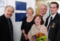 Left to Right: Professor Manuel Grande, Professor April McMahon, Mrs Susan Jenkins, Morgan Jenkins and Meurig Jenkins at the unveiling of the plaque to commemorate Dr Tudor Jenkins.