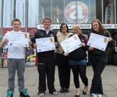 Ben Meakin, President, Aberystwyth University Guild of Students; Alun Minifey, Activities Officer, Aberystwyth University Guild of Students; Carolyn Parry, Acting Deputy Director of Aberystwyth University Careers Service with first year Mathematics students Jenni O’Neil and Jacque Hall.