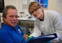 Diabetes sufferer Ronnie Maher and Ffion Curtis from the Department of Sport and Exercise Science.