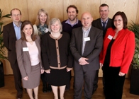 Employers at the speed interview event: Left to right (back row) Martin Koffer of Cambrian Printers, Kimk Warlow of Hywel Dda Health Board, Matthew Tench of Dilwyn Roberts Architects and Dylan Jones of Pugh Computers; (front row) Sian Furlong-Davies from Aberystwyth University Careers Service, Helen Ford of Network Rail, James Drew from Dilwyn Roberts Architects and Carolyn Parry from  Aberystwyth University Careers Service.