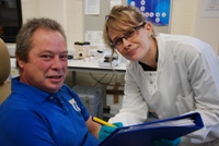 Diabetes researcher Ffion Curtis with Ronnie Maher, who is taking part in a study into Vitamin D deficiency and diabetes.