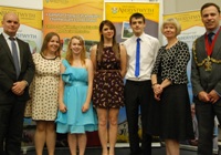 Celebrating a summer of learning (left to right) are Neil Surman, Head of Higher Education Department for Education and Skills at the Welsh Government, Claire James from Builth Wells, Lily Robbins From Greenhill Comprehensive, Tenby, Roisin Wood from Llanio near Tregaron, George Smith from St Davids Comprehensive School, Chester, Professor April McMahon, Vice-chancellor of Aberystwyth University, and Dylan Lewis, Mayor of Aberystwyth.