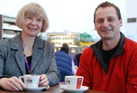 Mature student Jon McCalmont, pictured talking to the Vice-Chancellor, came to Aber in 2008 to study for a Foundation Degree in Countryside Management, and is now half-way through a PhD in IBERS.