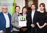 Presentation of the INSPIRE award: from the left, Professor Howard Thomas, Dr Adeline Johns-Putra, director of INSPIRE Jane Davidson, Professor Richard Marggraf Turley, and Dr Jayne Elisabeth Archer.