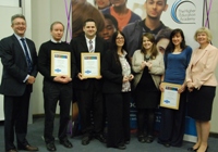 Celebrating excellence in teaching: (L to R) Professor John Grattan, Pro Vice-Chancellor; Dr Basil Wolf, IBERS; Dr Steve Atherton, School of Education and Life Long Learning;  Mary Jacob, E-learning Team; Dr Victoria Wright, Dept. of Psychology; Dr Liz Hart, IBERS; Professor April McMahon, Vice-Chancellor.