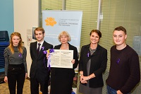 Pictured (left to right) are Poppy Woods, recipient of the Richard and Ann Roberts Scholarship; Lloyd Spence, former Annual Fund caller and member of the University’s Development and Alumni Relations Office; Professor April McMahon, Vice-chancellor of Aberystwyth University; Liza Kellett, CEO of the Community Foundation in Wales; and Nathan Baines who has received the Stuart Rendel Scholarship.