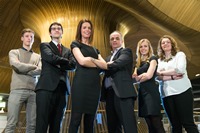 Team Aberystwyth University with Brolio/The Pitch judges (L-R) Marc Diaper, judge Meilyr Caredig, judge Jade Tambini, judge Adam Butcher, Sophie Killer, Freya Boissonade