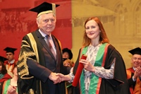 Sir Emyr Jones Parry, Chancellor of Aberystwyth University, presents Francesca Rhydderch as Fellow