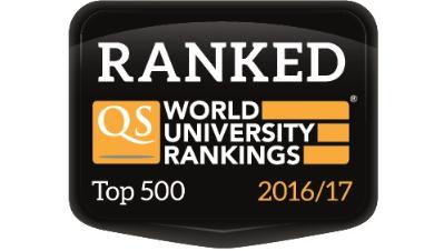 Logo showing that Aberystwyth is in the top 500 of the 2016 QS World University Rankings