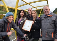 Celebrating the EcoCampus Gold Award are (left to right) Chris Woodfield, Residence Life Sustainability Champion; Janet Sanders, Energy Advisor, Estates Development Team; Alastair Johnstone, IBERS Health, Safety and Environment Advisor; Heather Crump, Health Safety and Environment Advisor and Paul Evans, Grounds Manager.