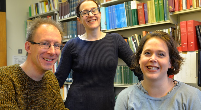 The Anglo-Norman Dictionary team pictured left to right; Dr Geert De Wilde, Principal Investigator, Editor and Project leader, Dr Megan Tiddeman, Post-Doctoral Research Associate and Dr Heather Pagan, Co-Investigator and Editor.