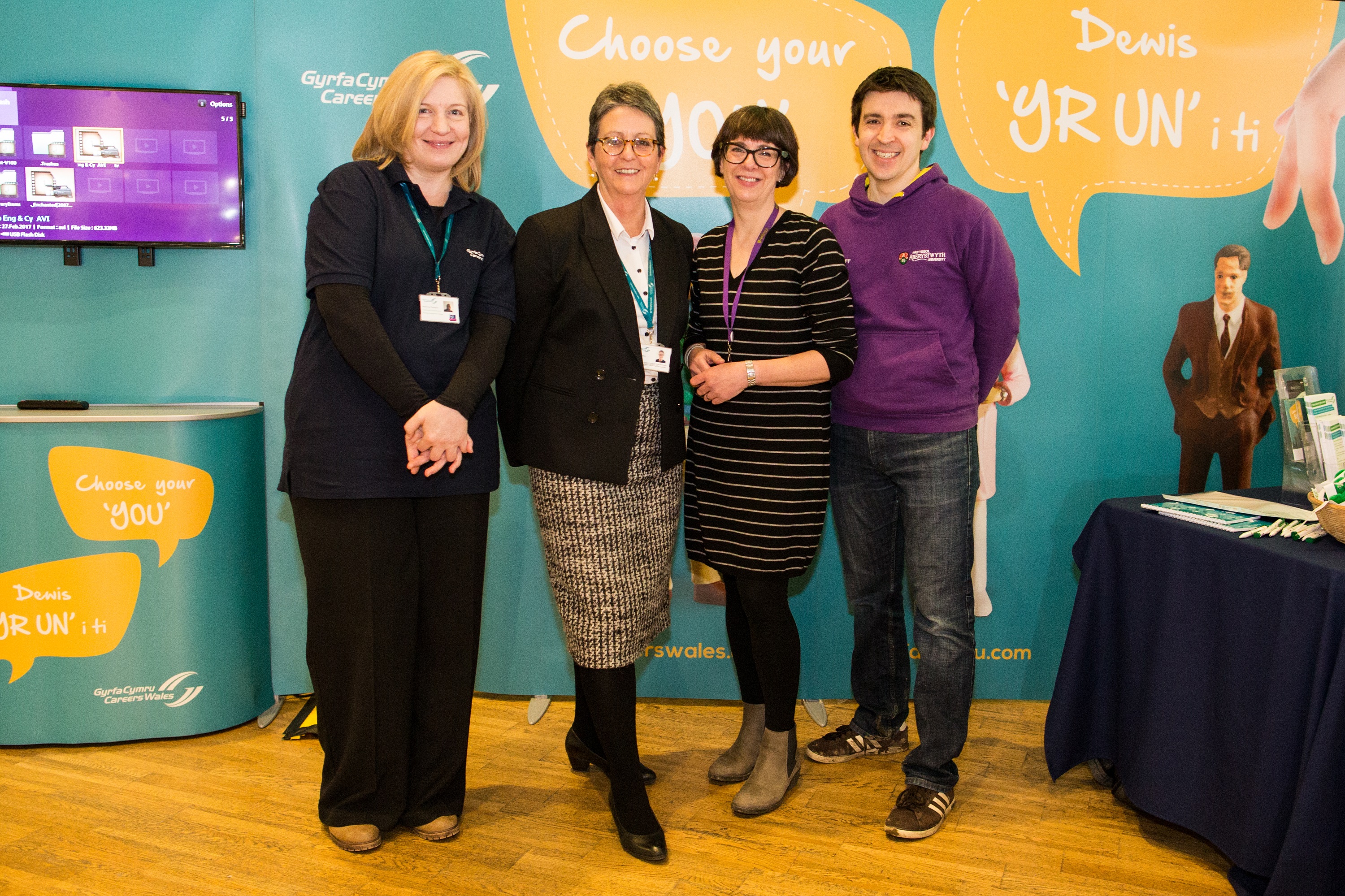 Left to right: Rebecca Flanagan (Careers Wales) Lesley Clarke (Careers Wales), Rebecca Davies (Pro Vice-Chancellor and Chief Operating Officer, Aberystwyth University) and David Moyle (Head of Undergraduate Admissions & Schools Liaison, Aberystwyth University)