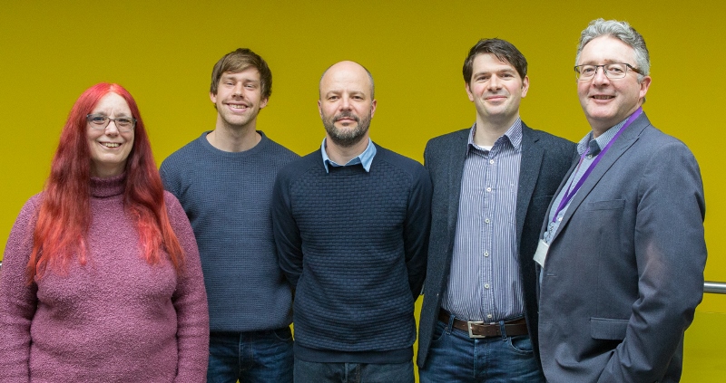 Exemplary Course Awards 2017: (left to right) Mary Jacob (E-learning Advisor), Dr Stephen Chapman, Dr Gareth Norris, Dr Brieg Powel, Professor John Grattan (Acting Vice-Chancellor)