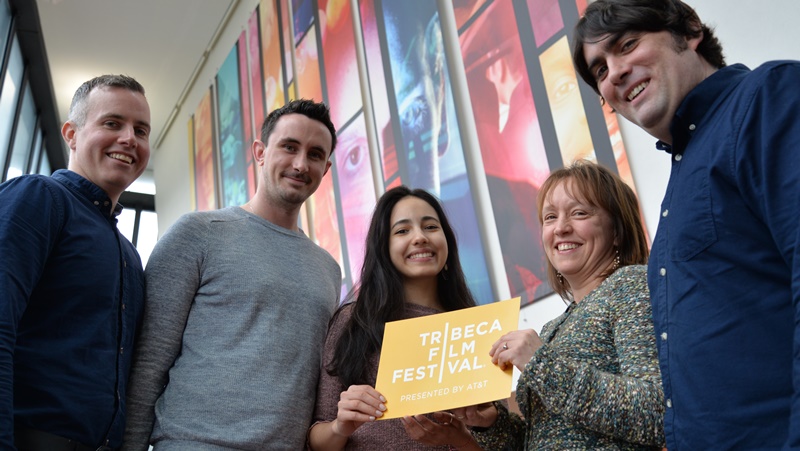 Left to right: Dylan Jones from the Development and Alumni Relations Office at Aberystwyth University, students Gary Evans and Monica Cossu who will be jetting off to New York’s Tribeca Film Festival, Dr Anwen Jones, Head of the Department of Theatre, Film and Television Studies, and Dr Greg Bevan, Media Production lecturer at the Department of Theatre, Film and Television Studies.