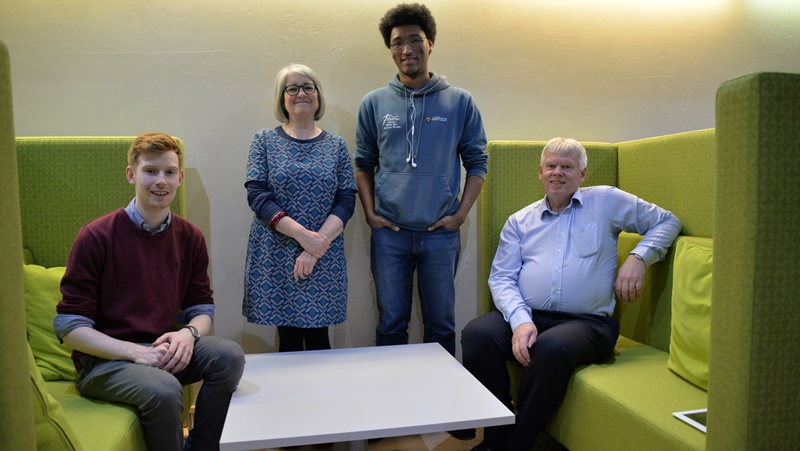 Left to right: Aled Saunders, Student Support Services, Caryl Davies, Director of Student Support Services, Daniel Long a member of the Methodist Student Society and Roger Hines from St Paul’s Methodist Church at Aberystwyth at the opning of the new faith space at Aberystwyth University.