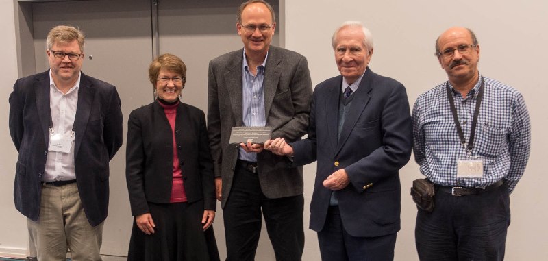 Left to right: Professor Ian Frigaard (Executive Editor of the JNNFM), Professor Stephanie Dungan and Professor Ronald Phillips (winners of the inaugural Ken Walters Prize), Professor Ken Walters (Founding Editor of the JNNFM) and Professor Fernando Pinho (Executive Editor of the JNNFM). Photo credit: Mats Stading