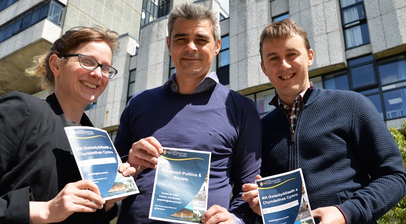 Left to right: Dr Elin Royles from the Department of International Politics, Dr Gareth Hoskins Department of Geography and Earth Sciences, and Dr Steven Thompson from the Department of History and Welsh History, at the launch of the MA in Welsh Politics and Society.