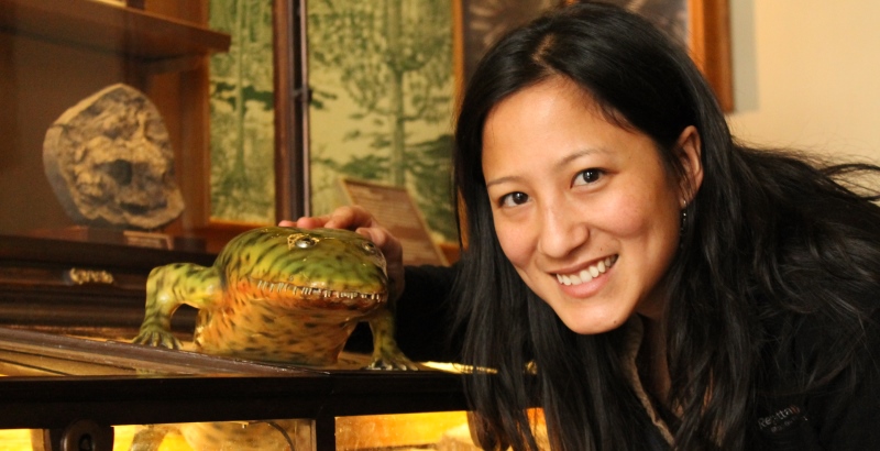 Dr Karen Siu-Ting with an amphibian fossil model at the Natural History Museum in Vienna.