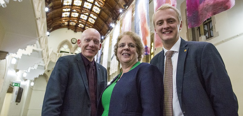 Ben Lake MP (right), guest speaker at the 2017 Founder Day celebrations, with Professor Elizabeth Treasure, Vice-Chancellor and Dr Rhodri Llwyd Morgan, Pro Vice-Chancellor.