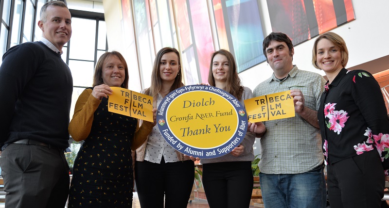 Left to Right: Dylan Jones, Alumni Engagement & Individual Giving Manager; Dr Anwen Jones, Head of the Department of Theatre, Film and Television Studies; students Julia Pawlikowska and Agata Rafalska who will be heading to the Tribec Film Festival with Dr Greg Bevan, Lecturer in Film and Media Practice; and Hayley Goddard Individual Giving Officer at Aberystwyth University.