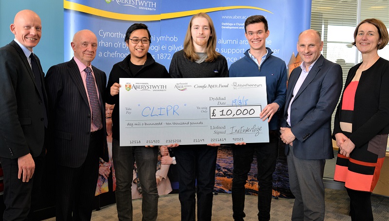 InvEnterPrize winners receive £10,000 boost for hair and beauty app: Left to right – Dr Rhodri Llwyd Morgan, Pro Vice-Chancellor Aberystwyth University; Professor Donald Davies, Chair of Inventerprize judging panel; Clipr developers Howun Lam, James Stone and James Bryan; Tony Orme, Careers Service at Aberystwyth University and Louise Jagger, Director of Development and Alumni Relations at Aberystwyth University.