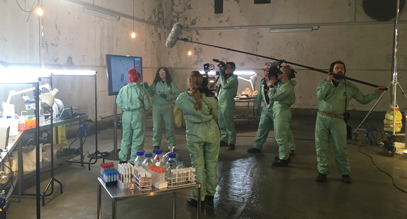 Professor Jo Hamilton (second from left) discussing DNA extraction of a fatberg in Blackfriars sewer in central London during filming for Fatberg Autopsy.