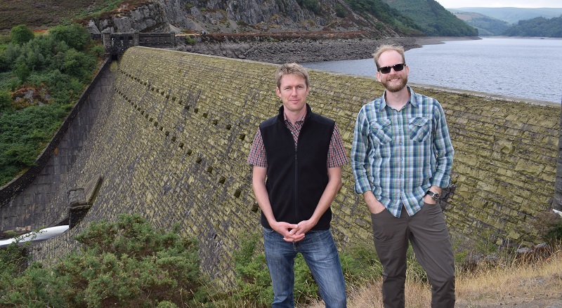 Rutherford Fellows Dr Benjamin van der Waal and Dr Peyton Lisenby visiting the Elan Valley wetlands, rivers and dams as part of their research programme at Aberystwyth University.